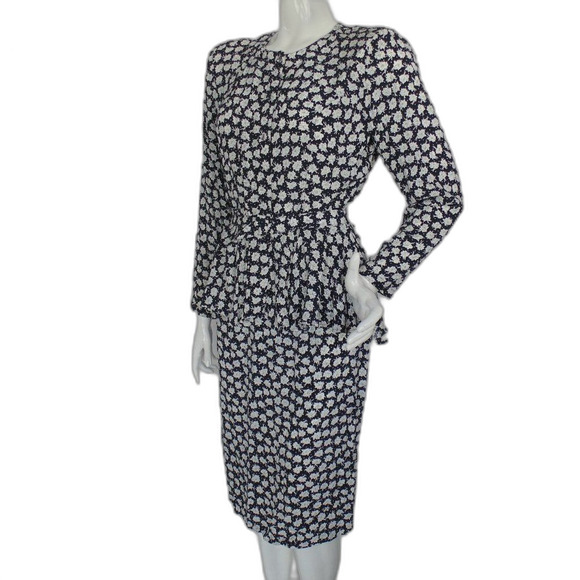 Vintage Skirt Set, XS, 3 piece, Top/Skirt/Belt, Blue Floral Rayon, Peplum, LS - Picture 3 of 12